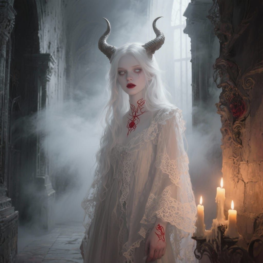 Pale Horned Woman in Gothic Castle Hallway