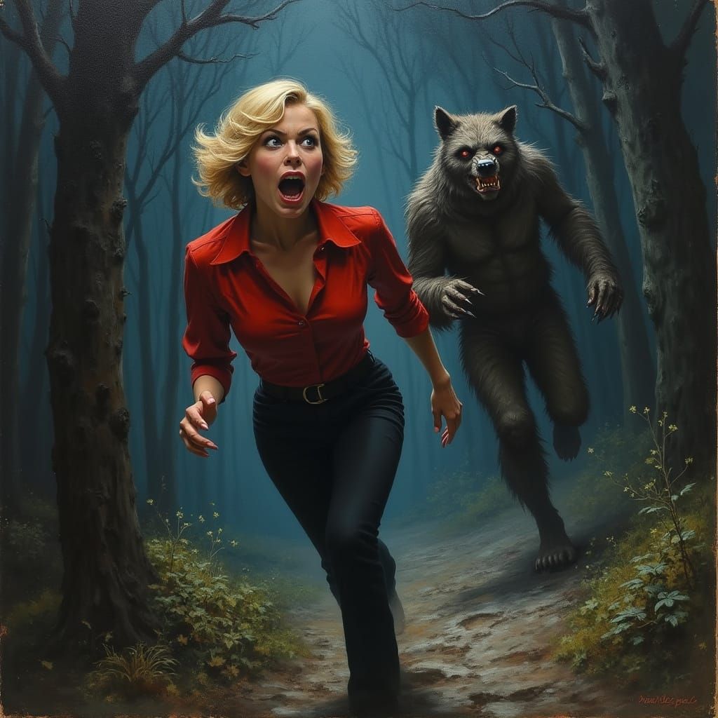 Woman Fleeing Werewolf in Retro Horror Style