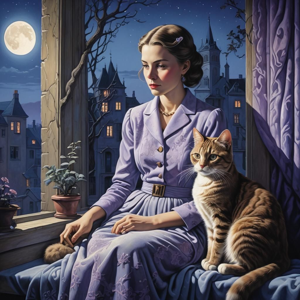 Dreamy Surrealism: Woman and Cat by Moonlight