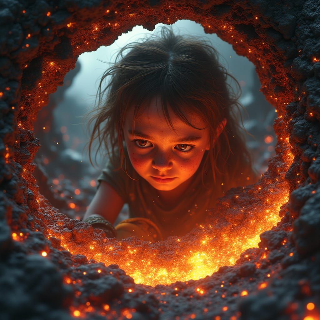 Fantastical Dwarf Girl in a Blazing Volcanic Landscape