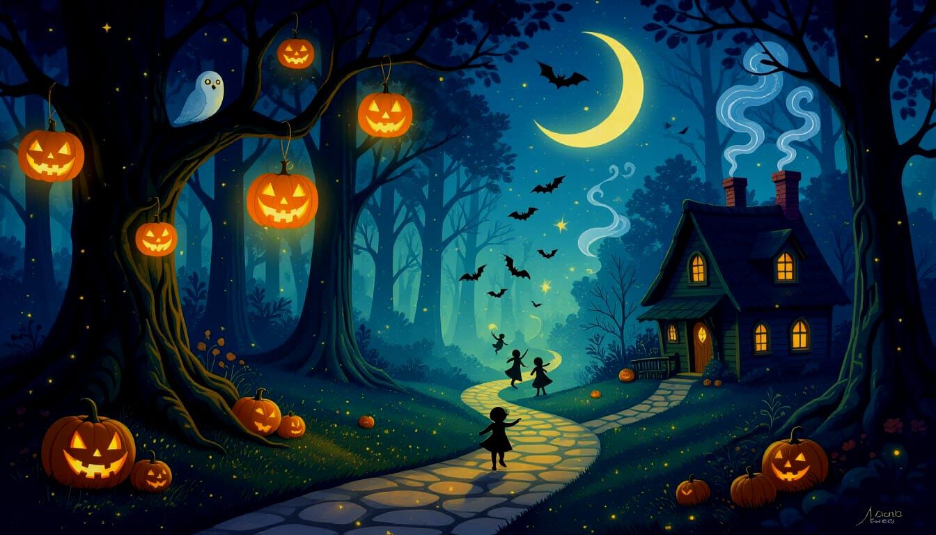 Enchanted Halloween Forest with Glowing Jack-o'-Lanterns