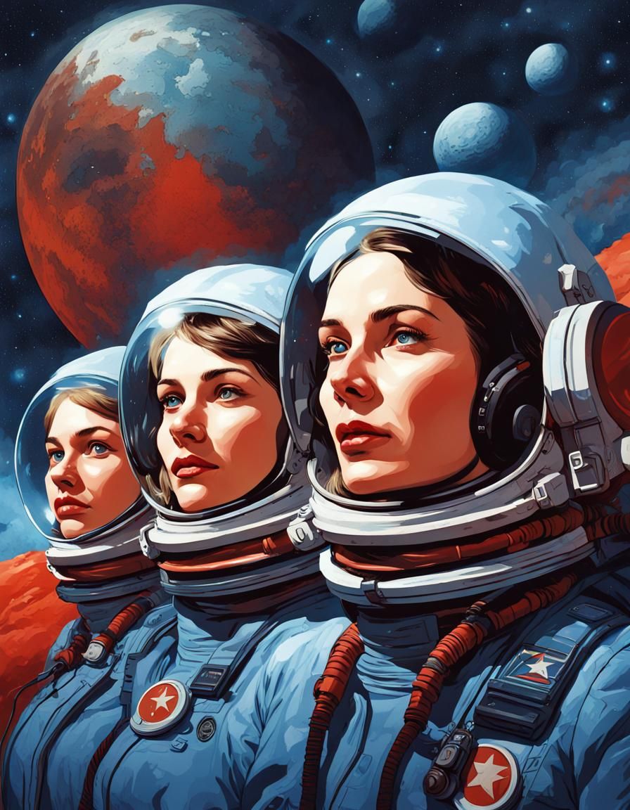 Russian Space Program Propaganda Poster with Cosmonauts