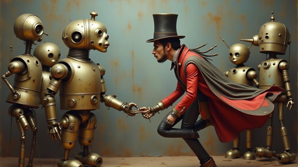 Mad Magician Hypnotizes Bewildered Robots in Oil Painting St...