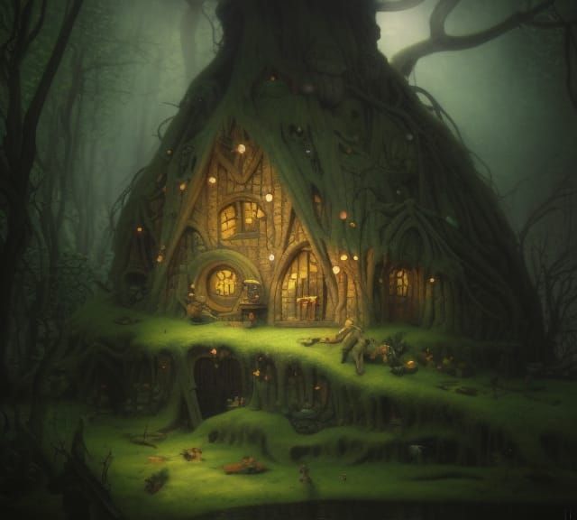 Surreal Wizard's Hut in Swamp, Oil Painting Style