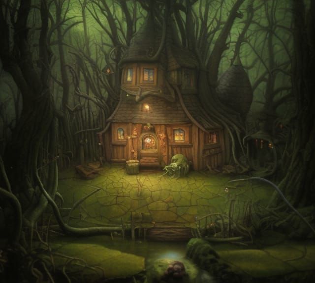 Wizard's Hut in Swamp: Oil Painting, Detailed