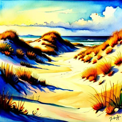 Mystical Florida Dunes at Beach in Watercolor