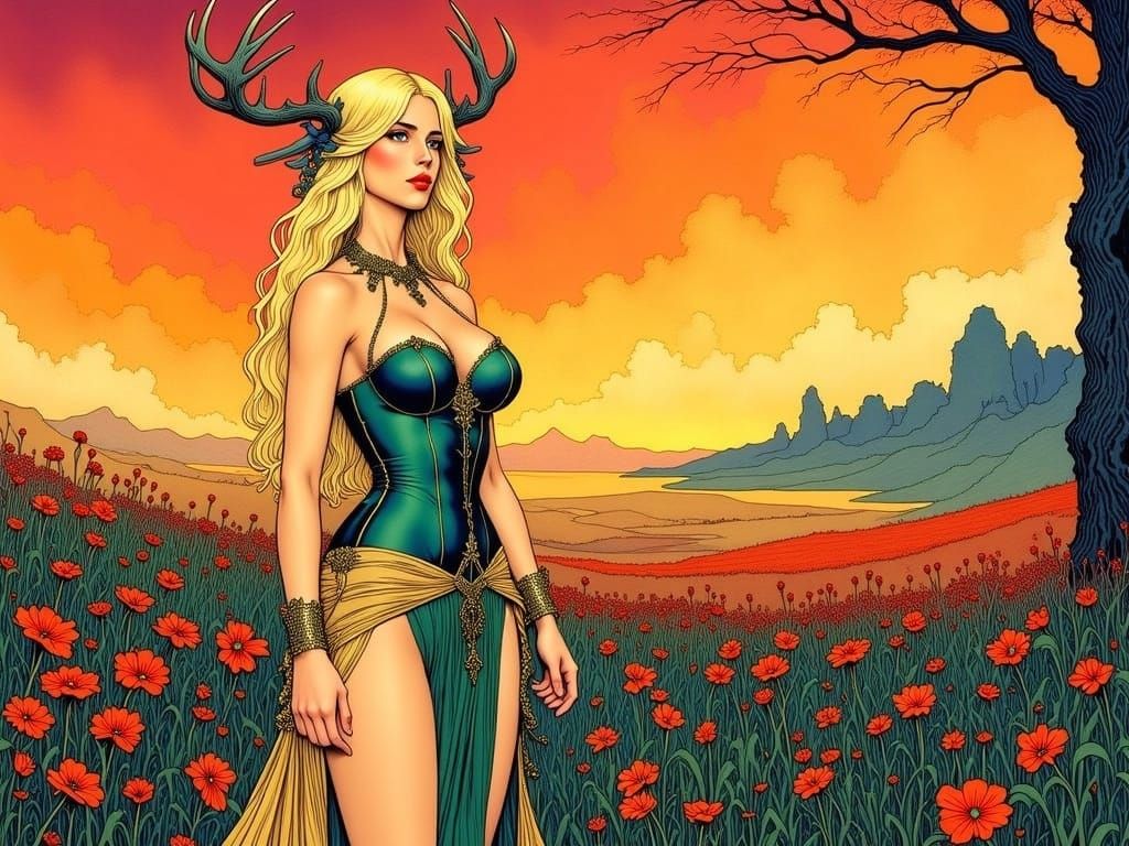 Blonde Woman in Jewel Toned Meadow, in a Graphic Novel Style
