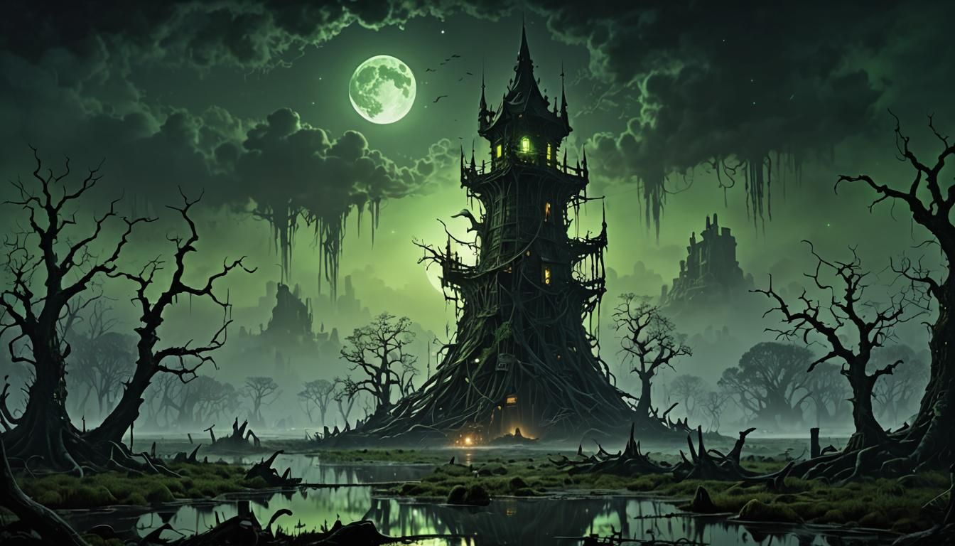 Eerie Tower in Misty Swamp: Dark Fantasy Art