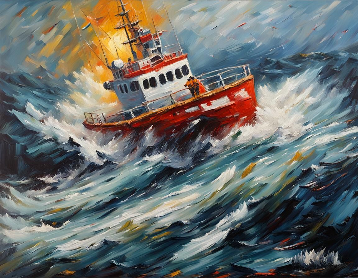 Naval Rescue Scene as Impasto Oil Painting