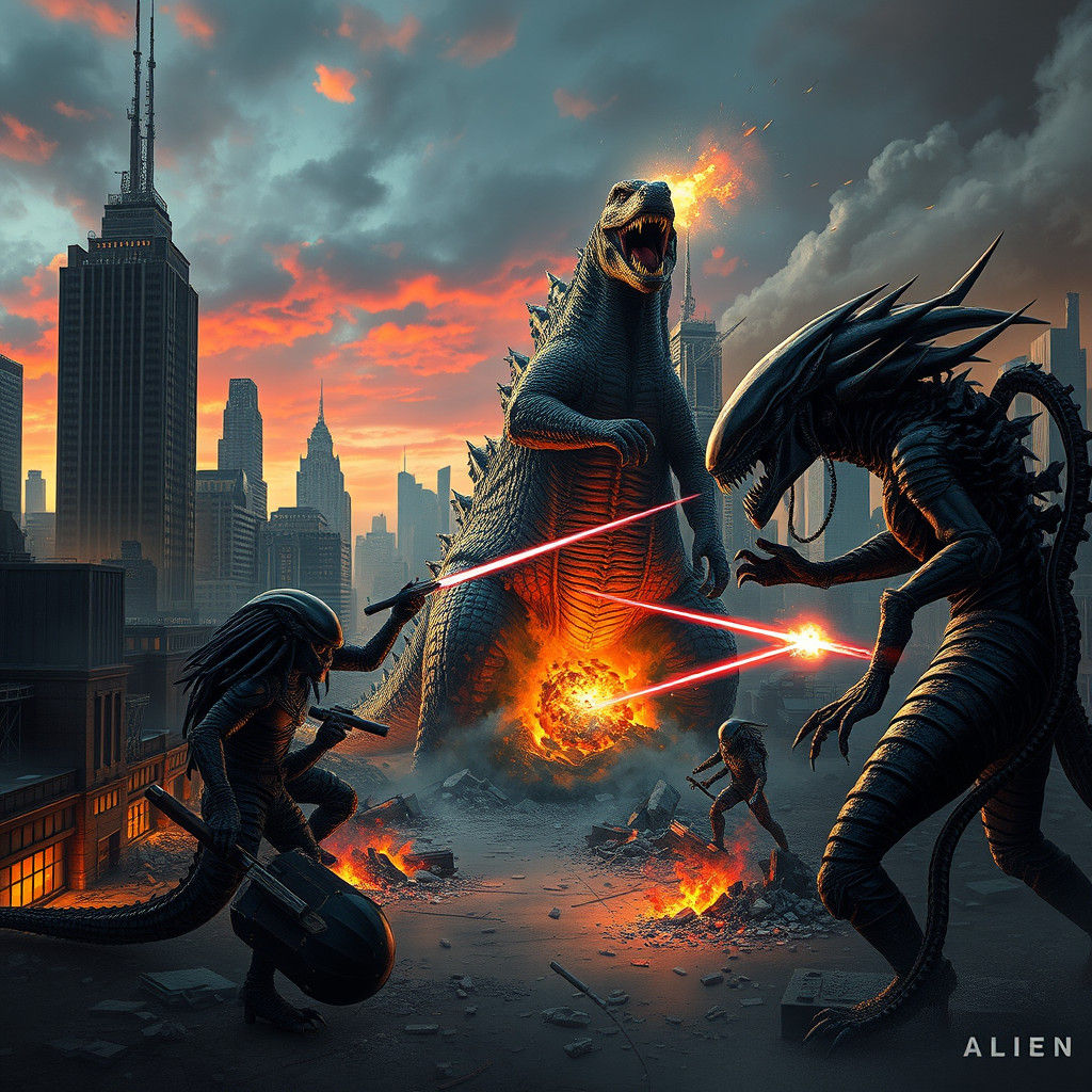 Godzilla, Predator, and Alien Clash in Metropolis