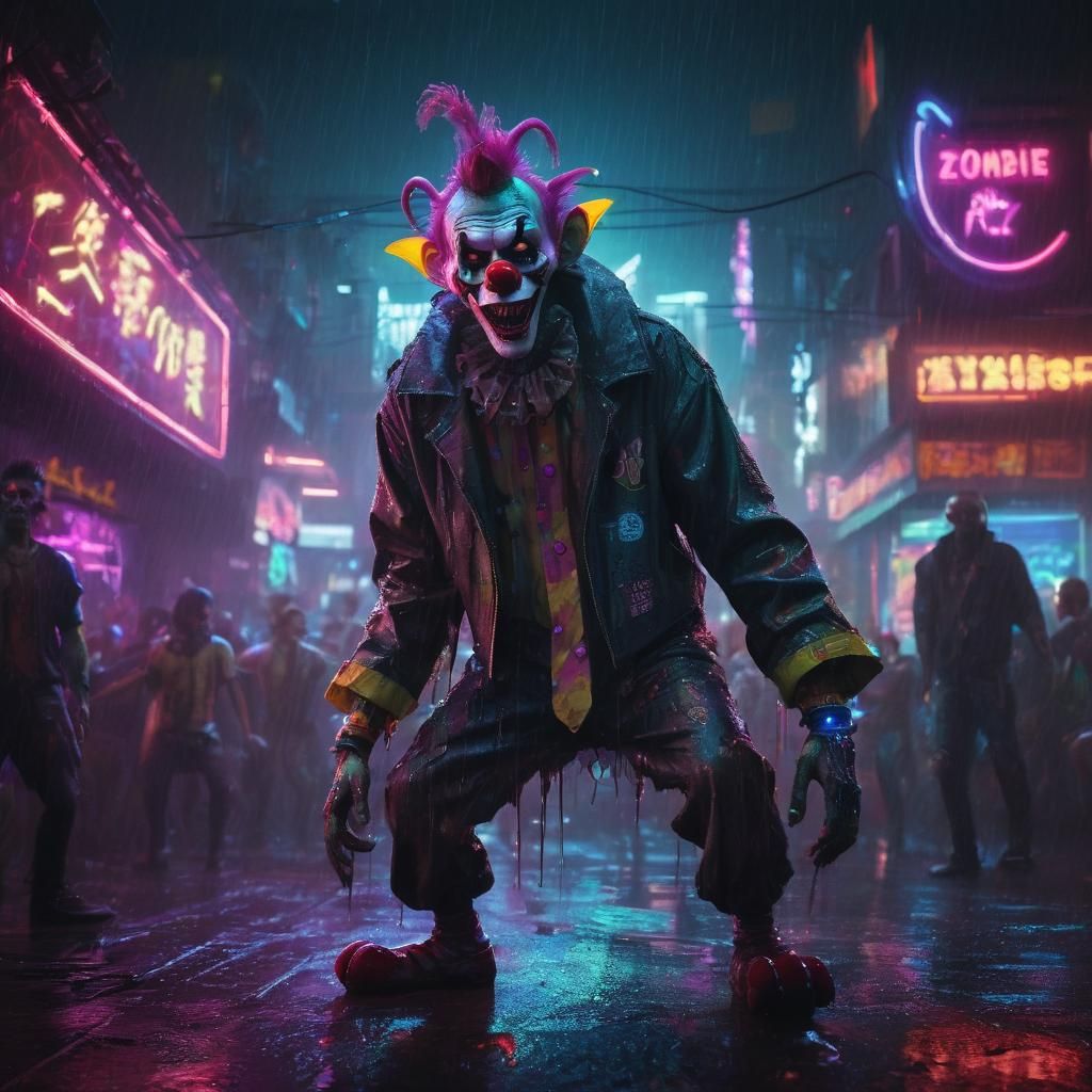 Cyberpunk Zombie Monkey Clown Dances in Neon City