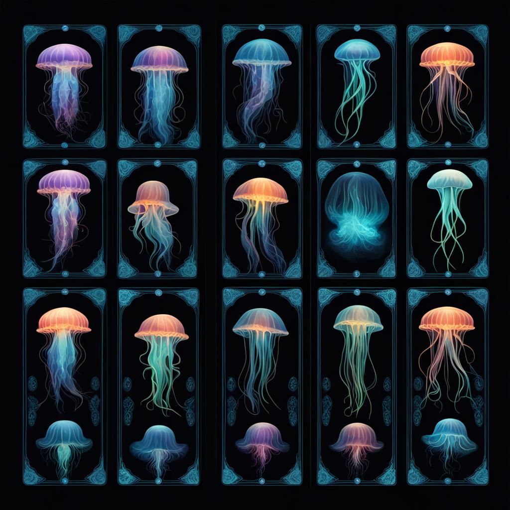 Exotic Bioluminescent Jellyfish in Tarot Card Style