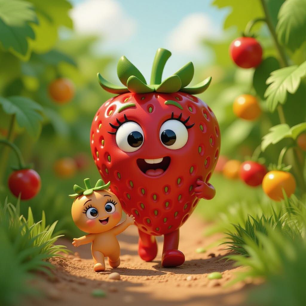 Claymation Strawberry Family in Vibrant Garden
