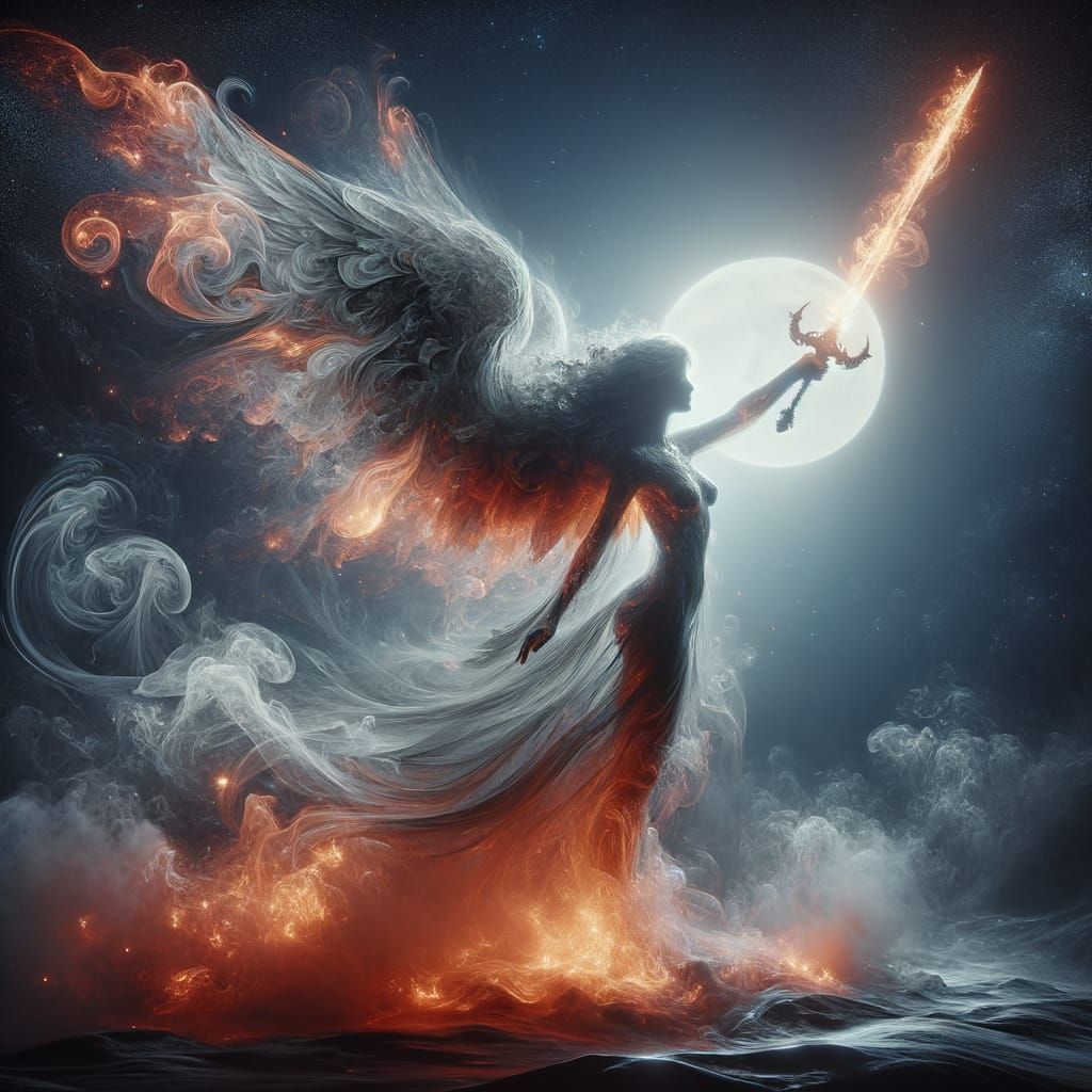 Celestial Warrior Angel Rises with Ethereal Fire Sword