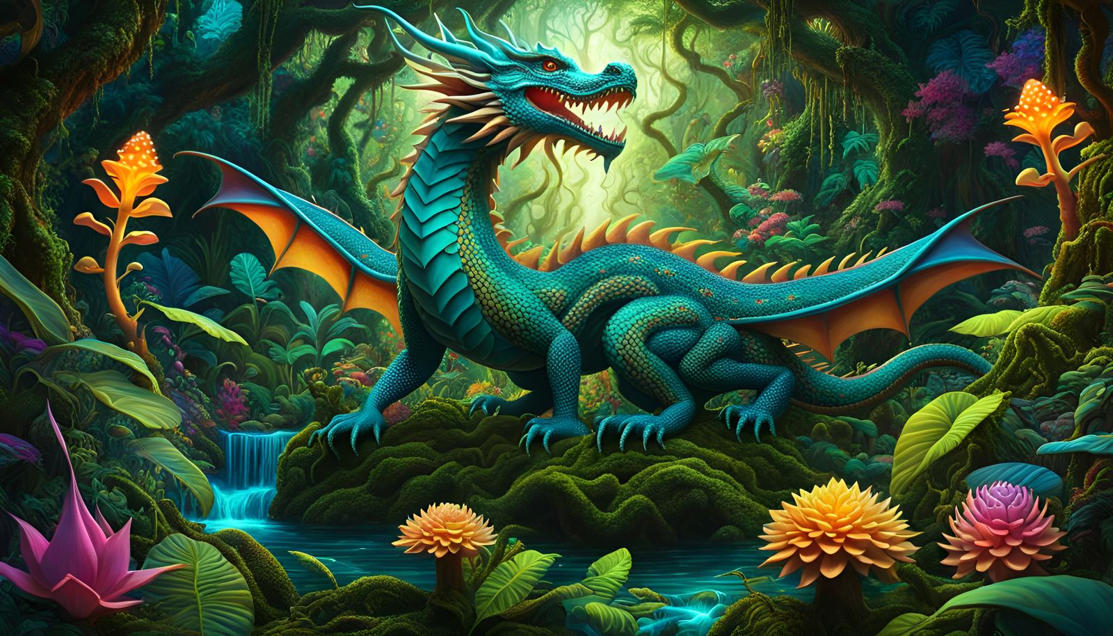 Psychedelic Jungle Dragon Guardian in High Fantasy Style