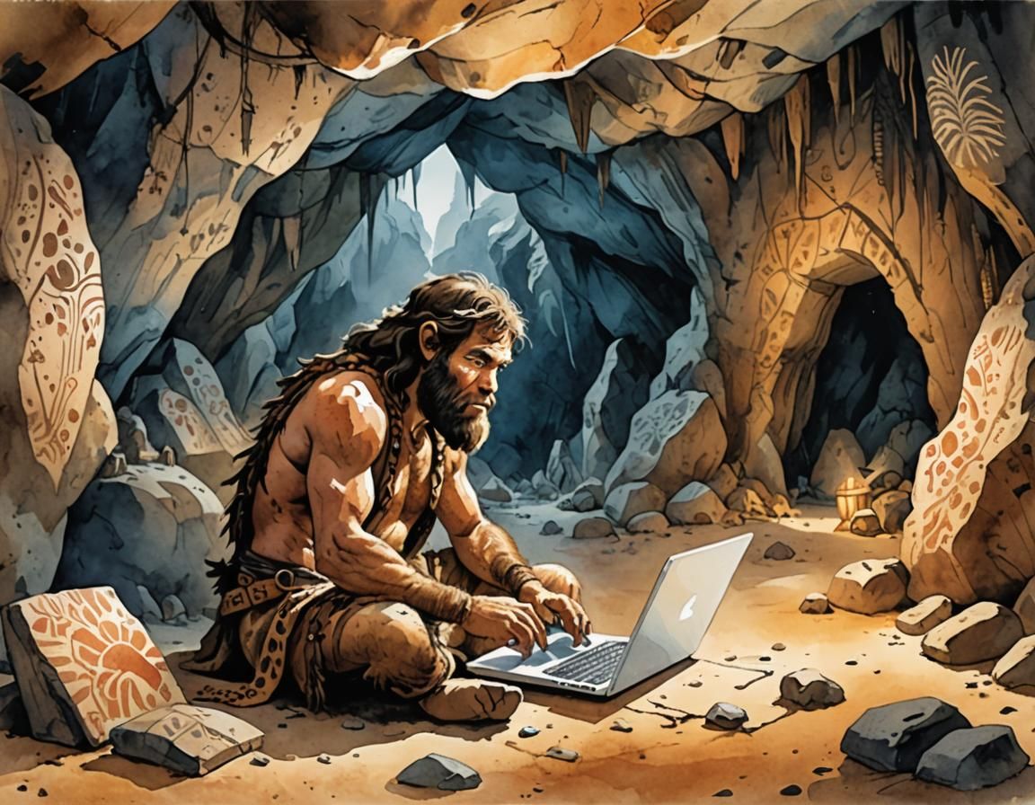Caveman Using Laptop in Ancient Cave, Comic Style