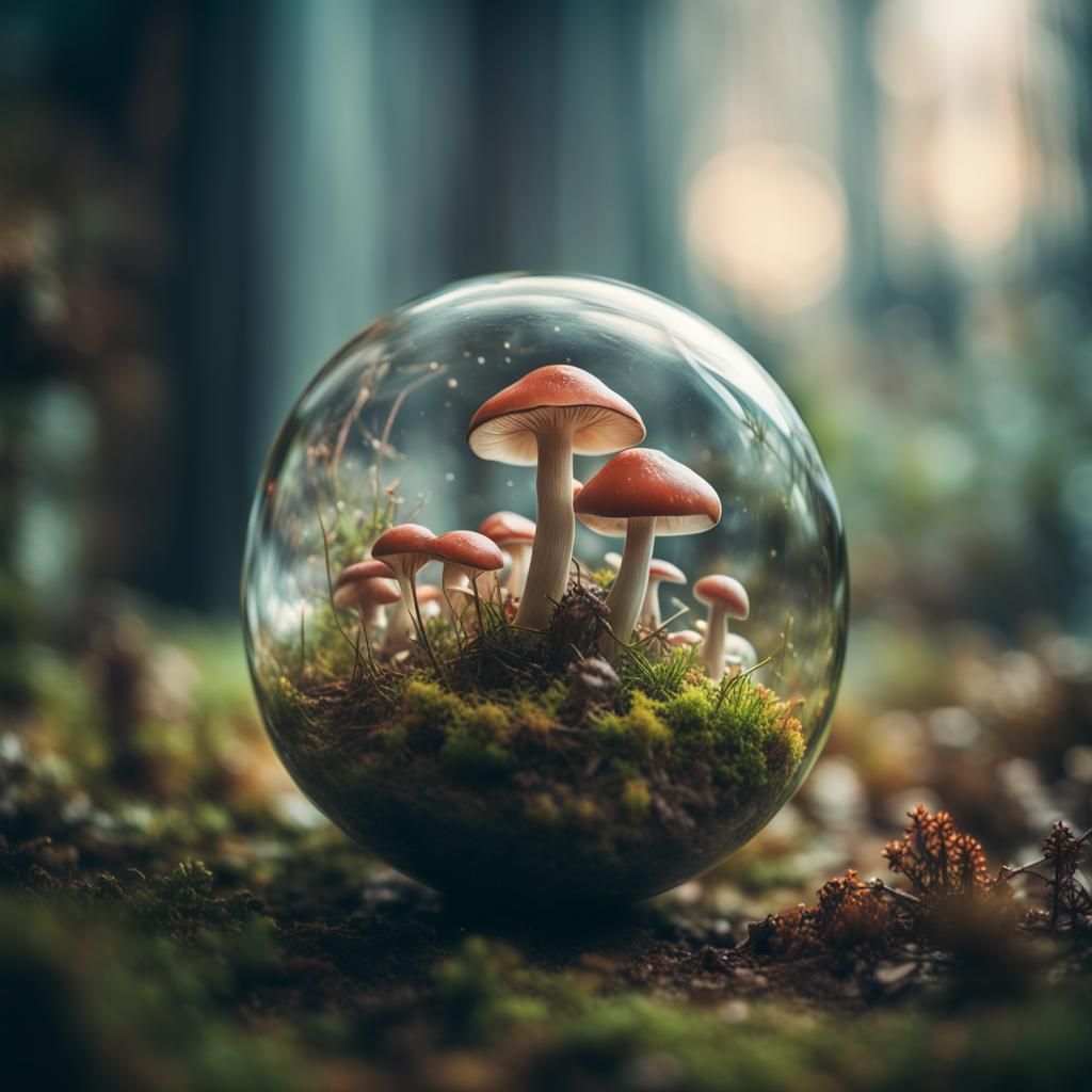 Mushroom Terrarium in Glass Sphere, Macro Photography