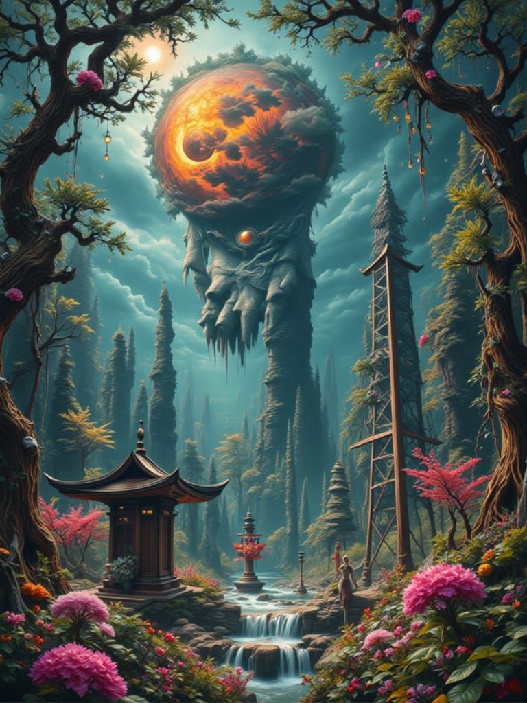 Surreal Paper Heron in Zen Garden with Divine Hand