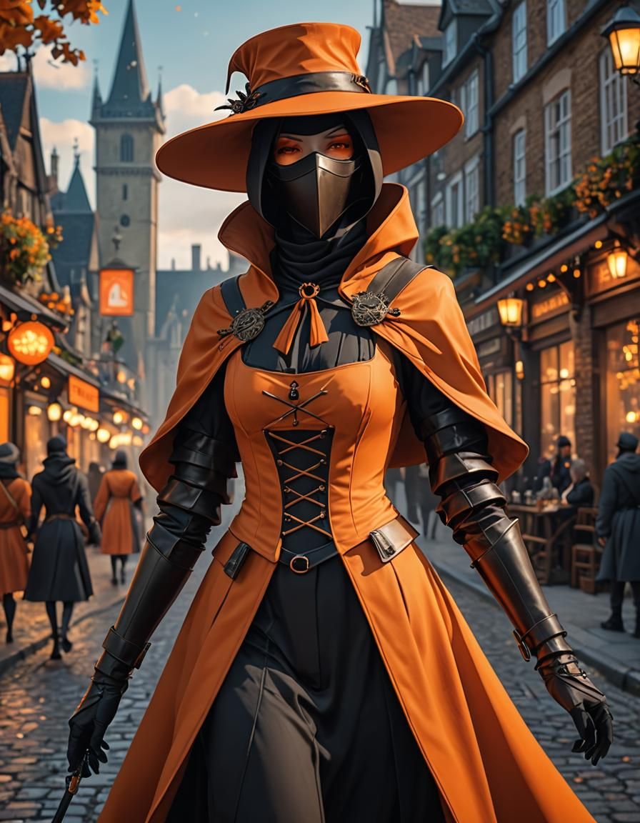 Orange Plague Doctor in Medieval London, 3D Anime Art