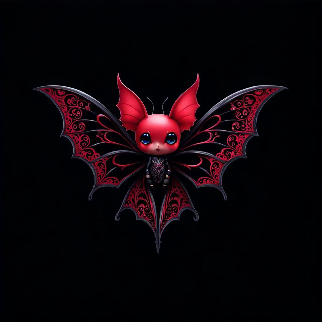 Gothic Chibi Butterfly-Bat Hybrid in Gloomy Forest