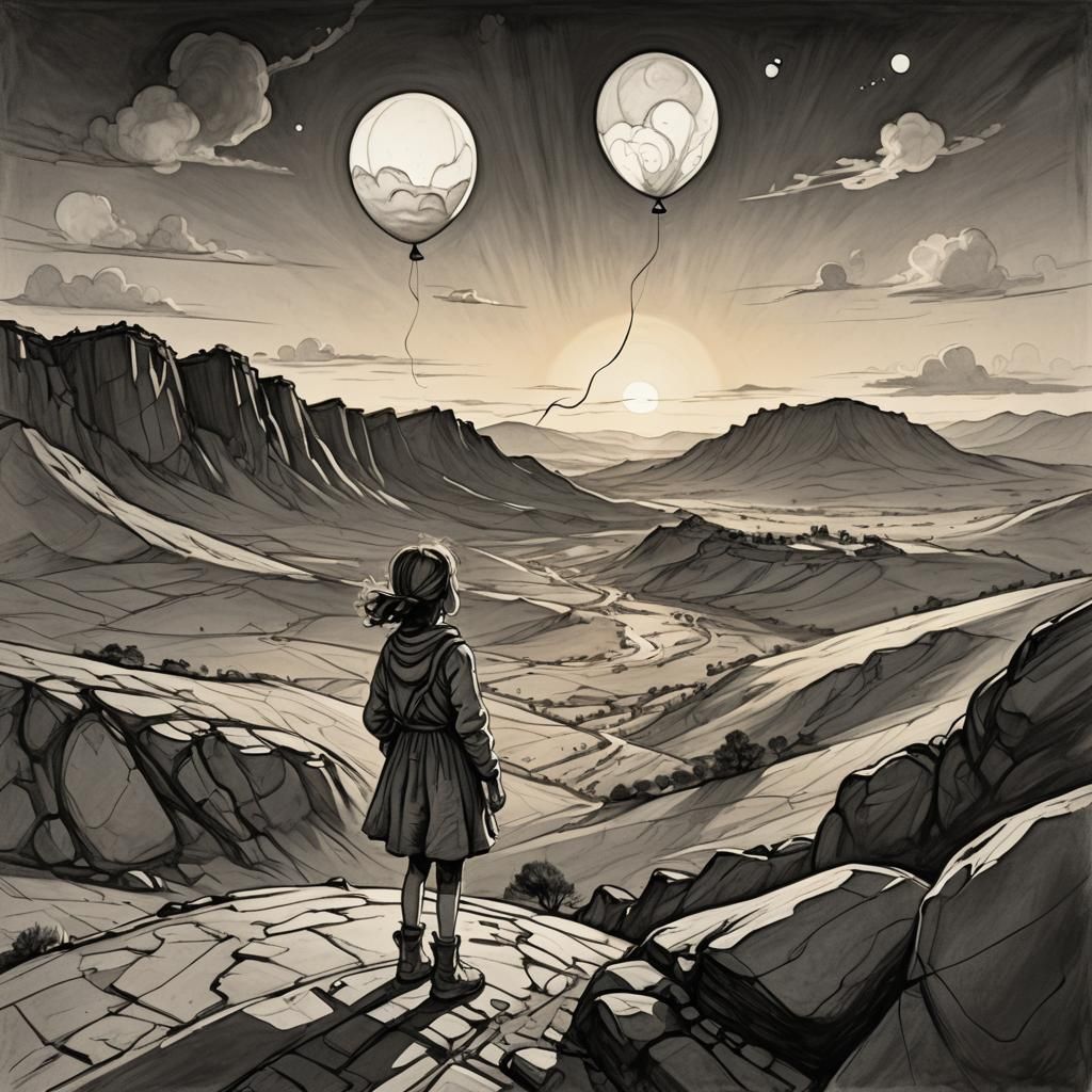 Dreamy Lunar Landscape with Smiling Girl, Charcoal Drawing