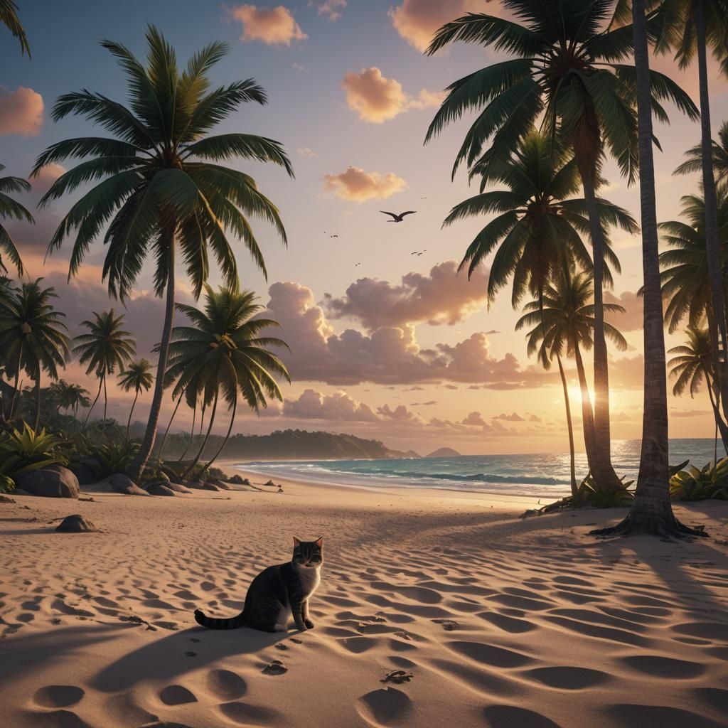 Cat on Tropical Beach at Sunset