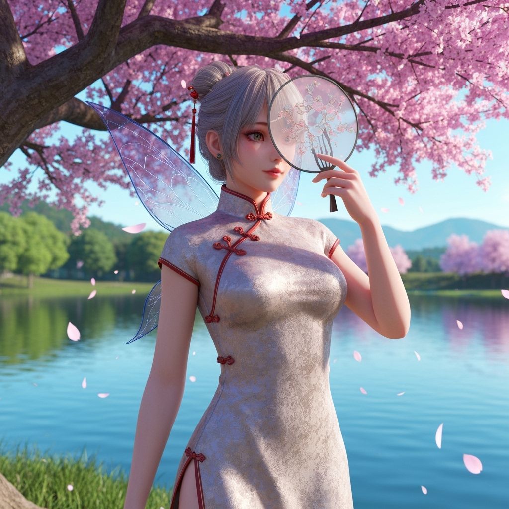 Fairy in Qipao Holding Fan by Lake