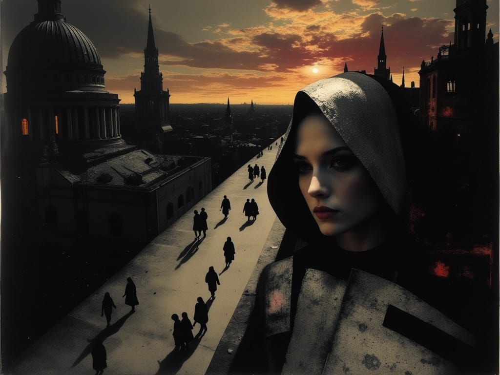 Dystopian Hellscape in Golden Twilight, Inspired by Chirico