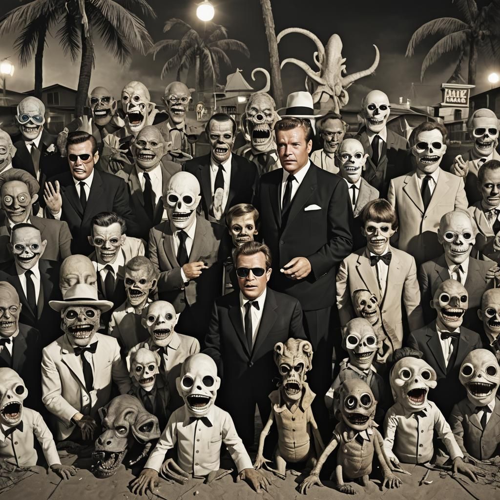 Mobsters and Cyberpunk Beach Scene in Black and White