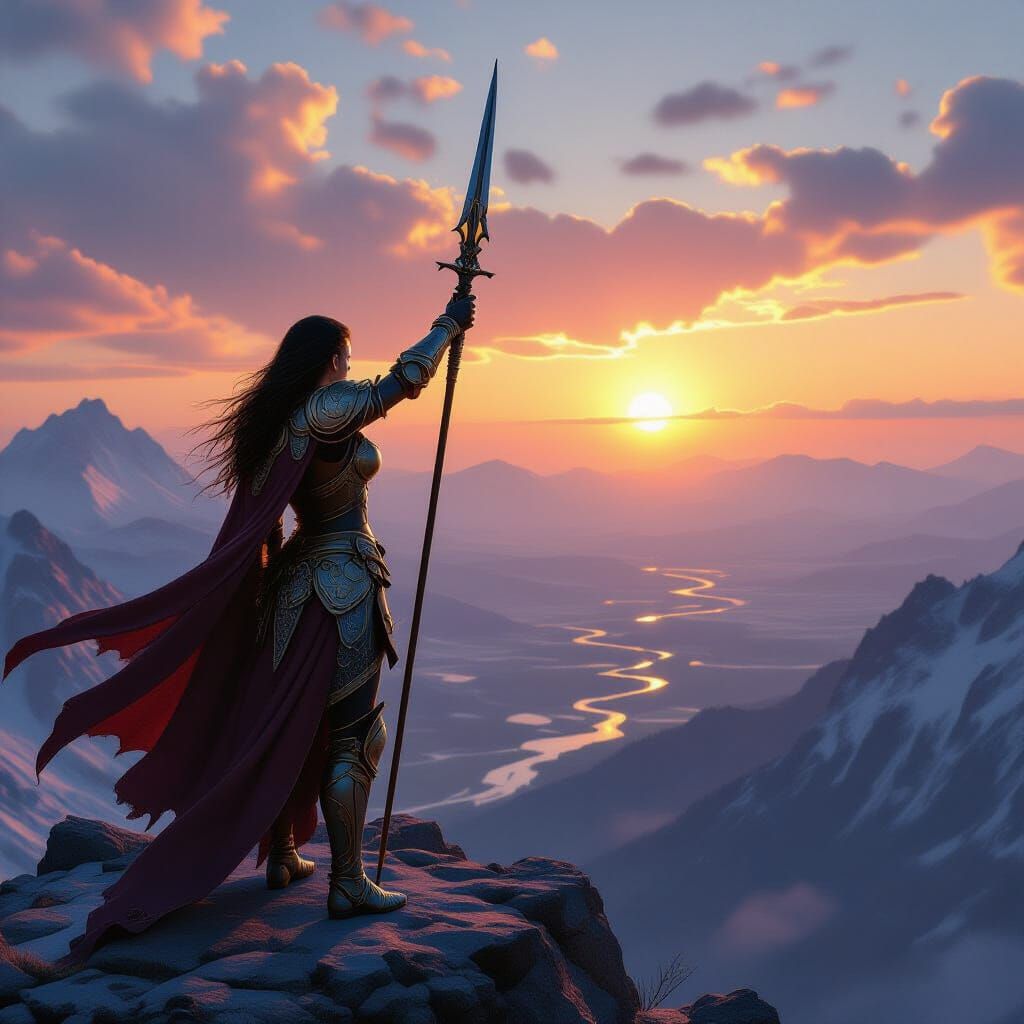 Warrior on Mountain Peak with Spear at Sunset