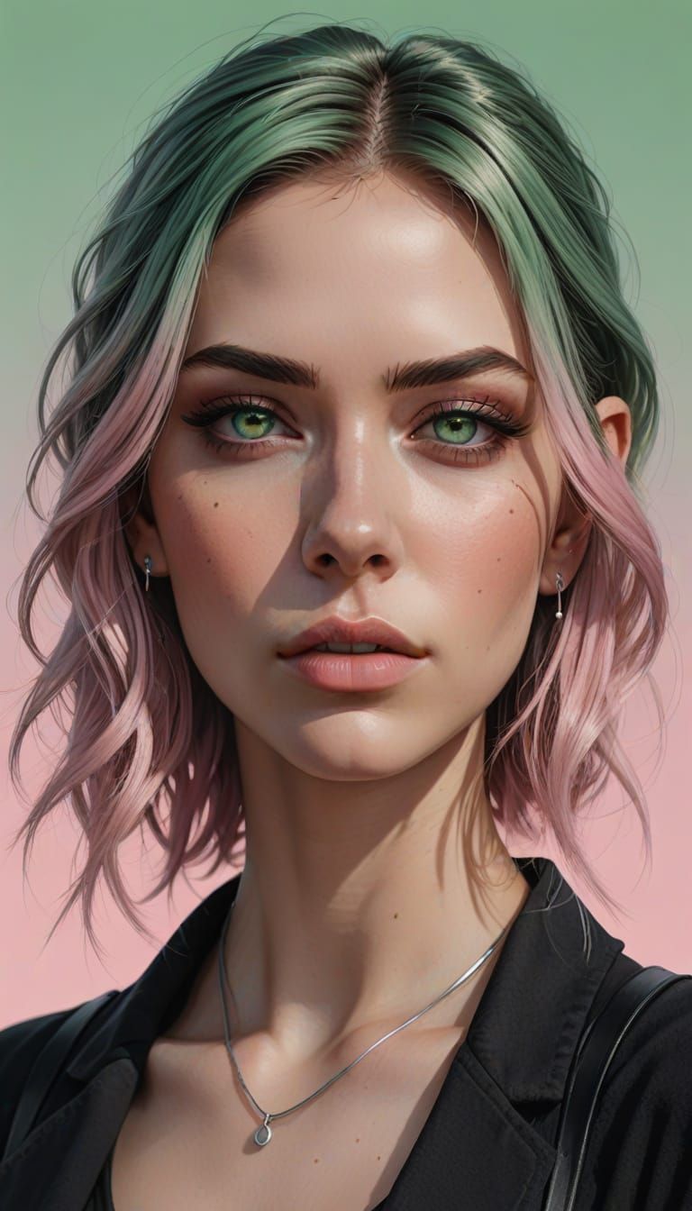 Semi-Realistic Portrait of Young Woman in Pastel Pink Ombre ...