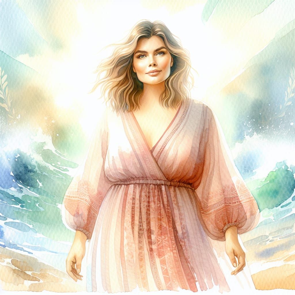 Beautiful Woman at the Beach: Watercolor Portrait