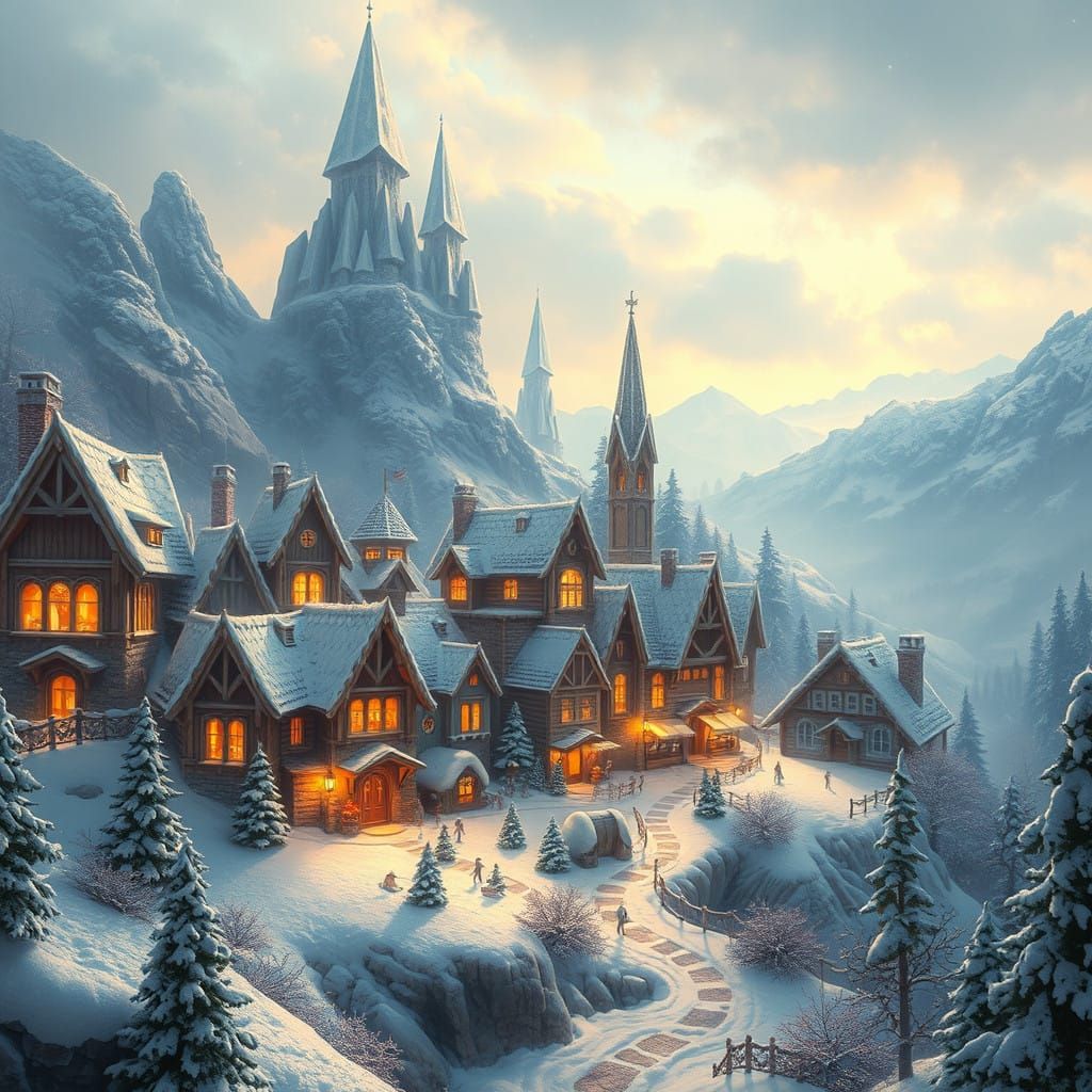 Winter Wonderland Village in Whimsical Fantasy Style