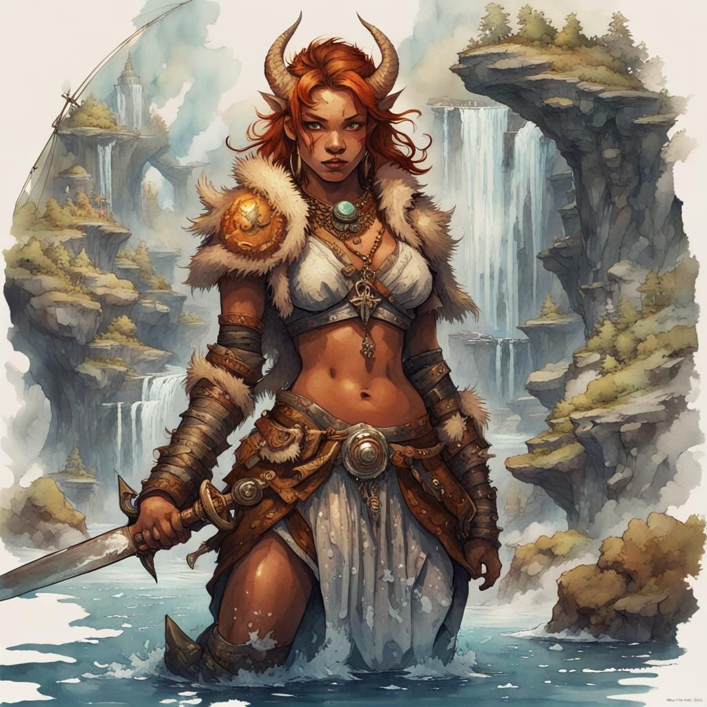 Dragonborn Barbarian with Silver Sword, Watercolor Style