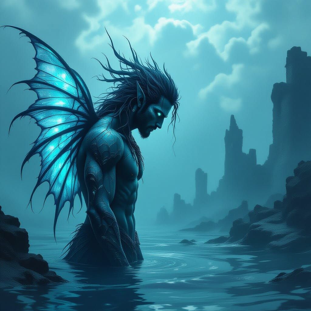 Sorrowful Merman in Stormy Ethereal Sea