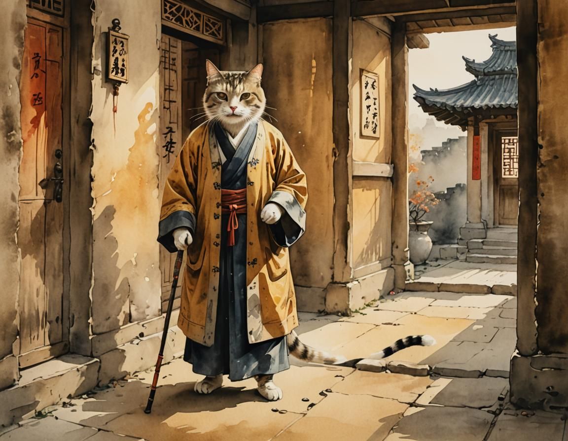 Elderly Cat Walks in Ancient Tower: Chinese Ink Painting