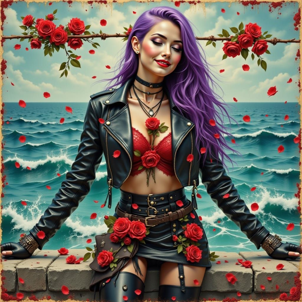 Punk Woman Embraces Rose Rain by the Sea