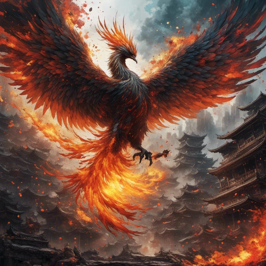 Fiery Phoenix Rising: Anime Splatter Art