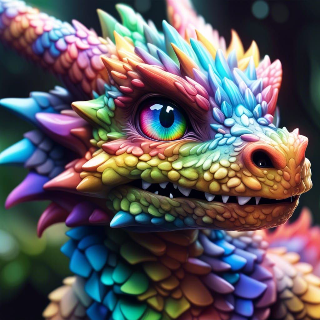 Adorable Multichromatic Dragon Portrait in Hyperreal Anime S...