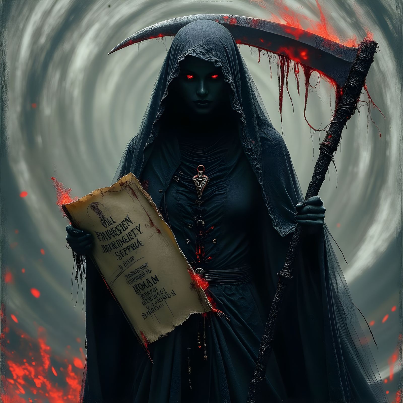 Gothic Reaper with Glowing Red Eyes and Scythe