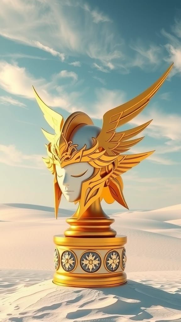 Golden Sagittarius Helmet in Surreal Desert