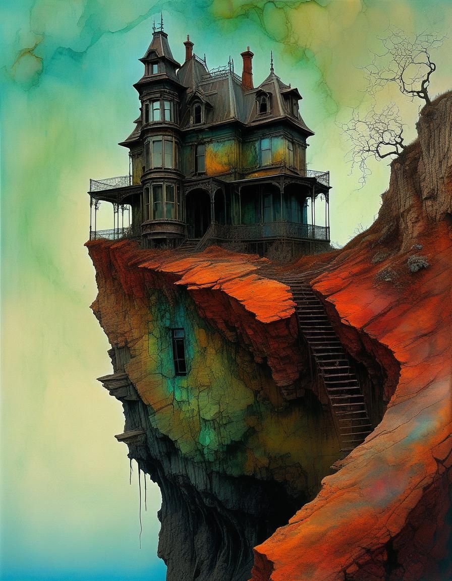 Otherworldly Victorian House on a Cliff: Alcohol Ink Art
