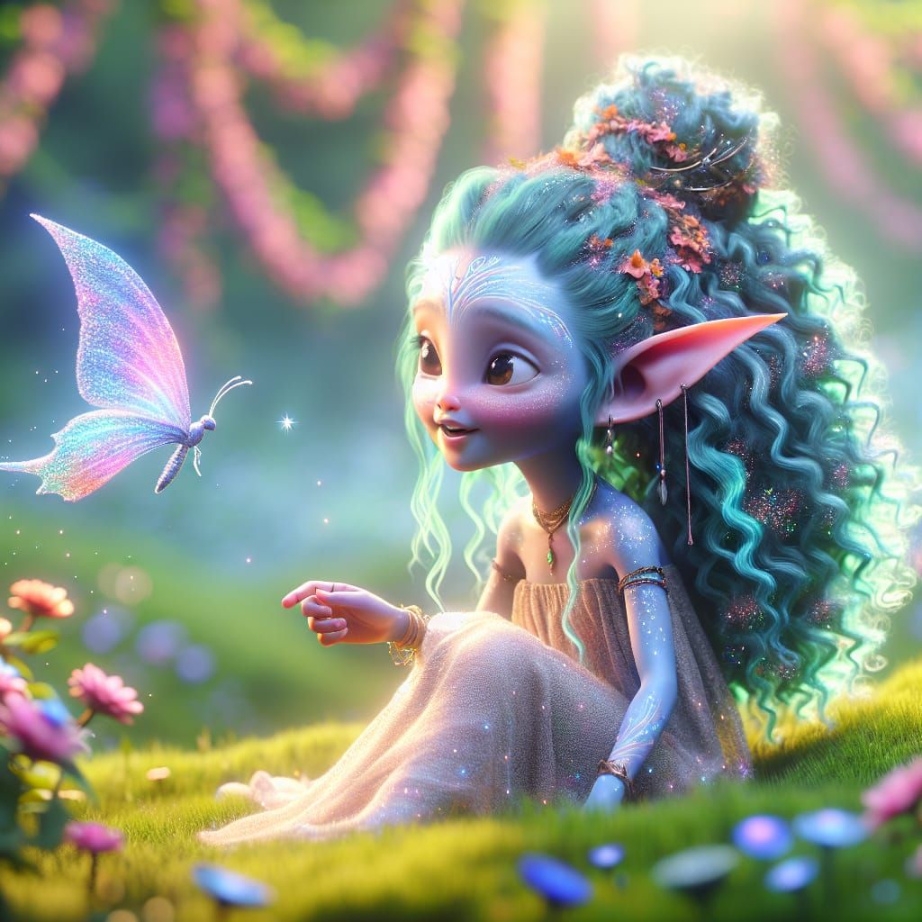 Magical Blue Fairy Chatting with Butterfly in 3D
