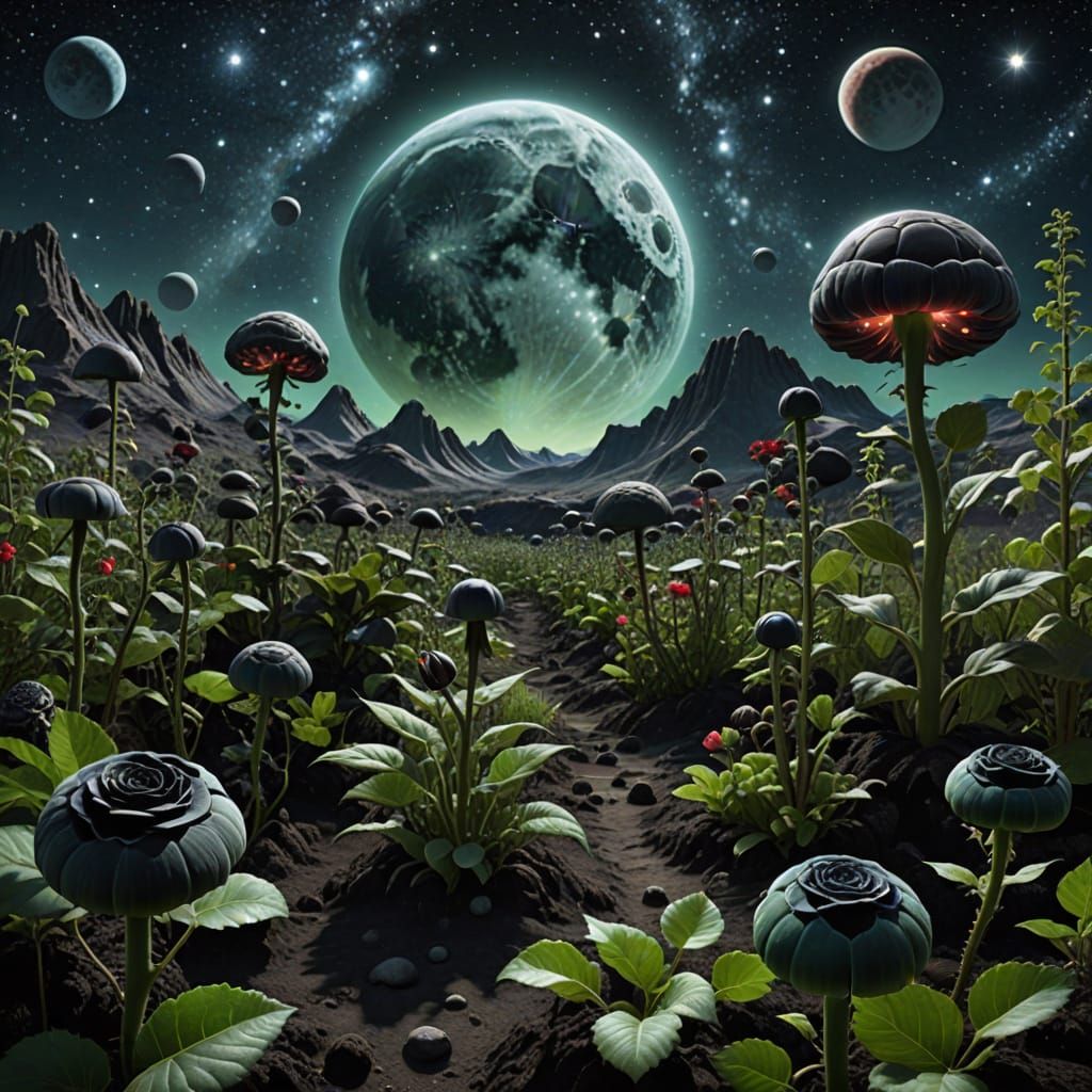 Surreal Lunar Garden with Black Roses and Piranha Plants