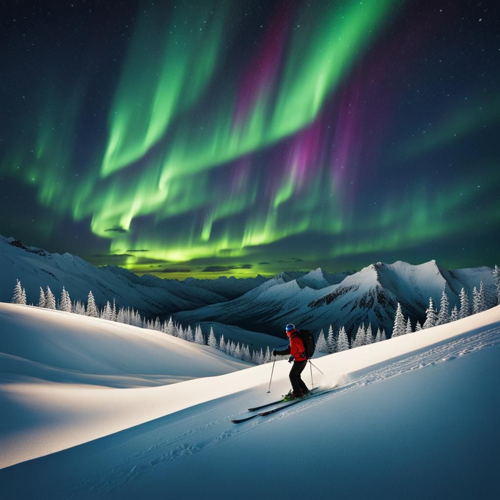 Night Skiing Under the Northern Lights