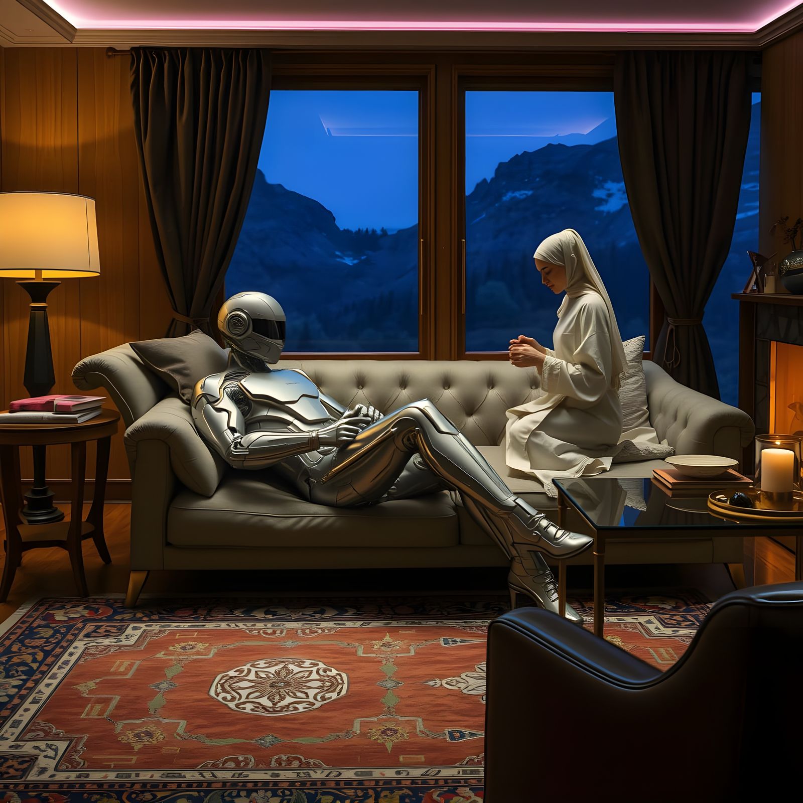 Android Man Having Morning Tea in Luxurious Living Room