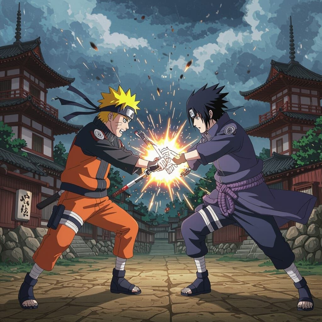 Naruto & Sasuke Clash Amidst Japanese Architecture