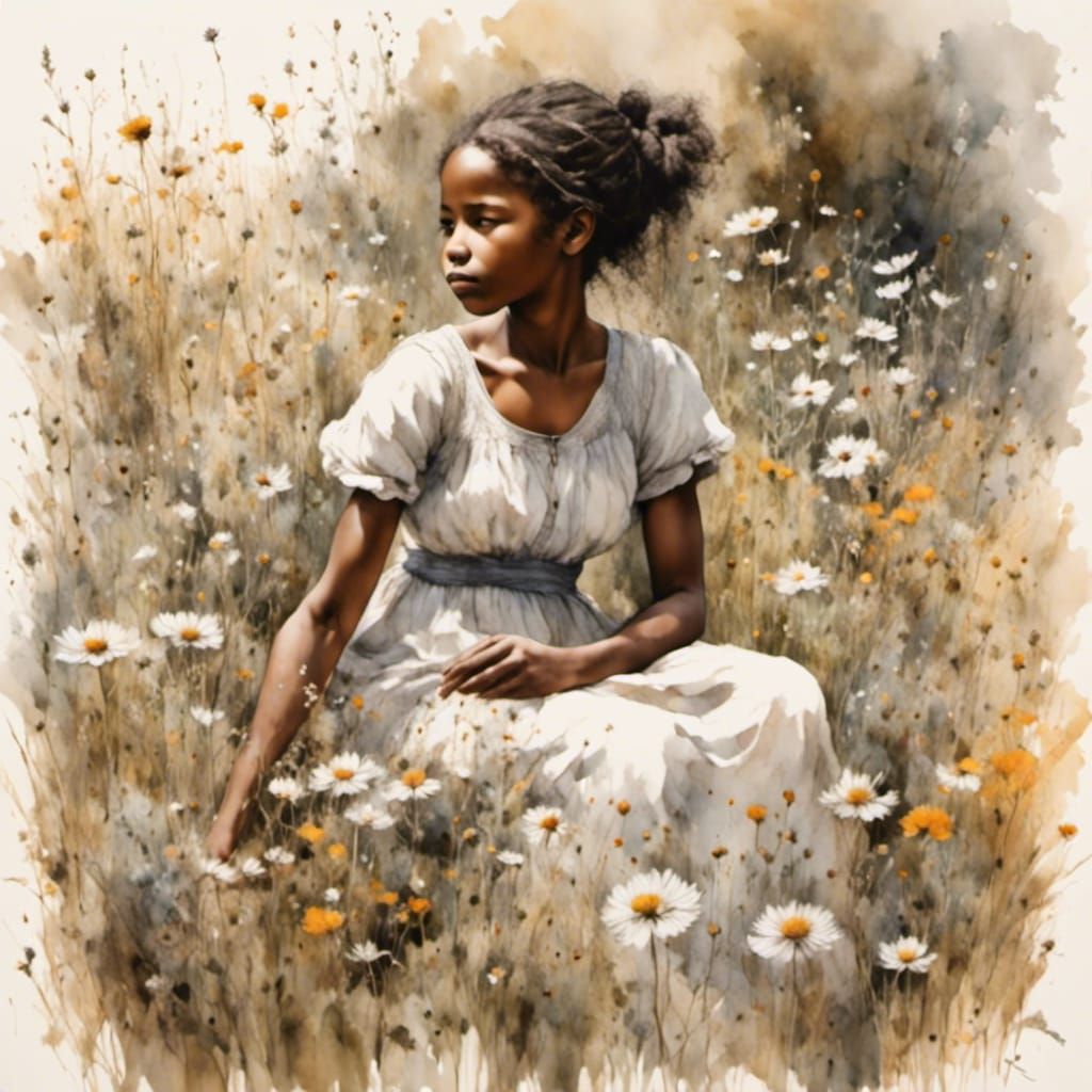Black Girl in Wildflower Garden: Intricate Sketch