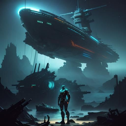 Alien Pilot on Sunken Battleship Yamato in Cyberpunk Style