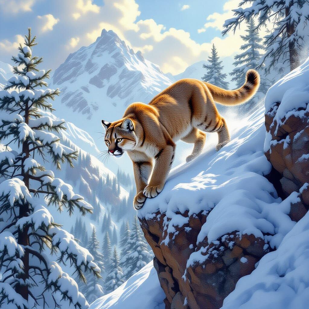 Hyperrealistic Mountain Lion Leaping from Snowy Cliff